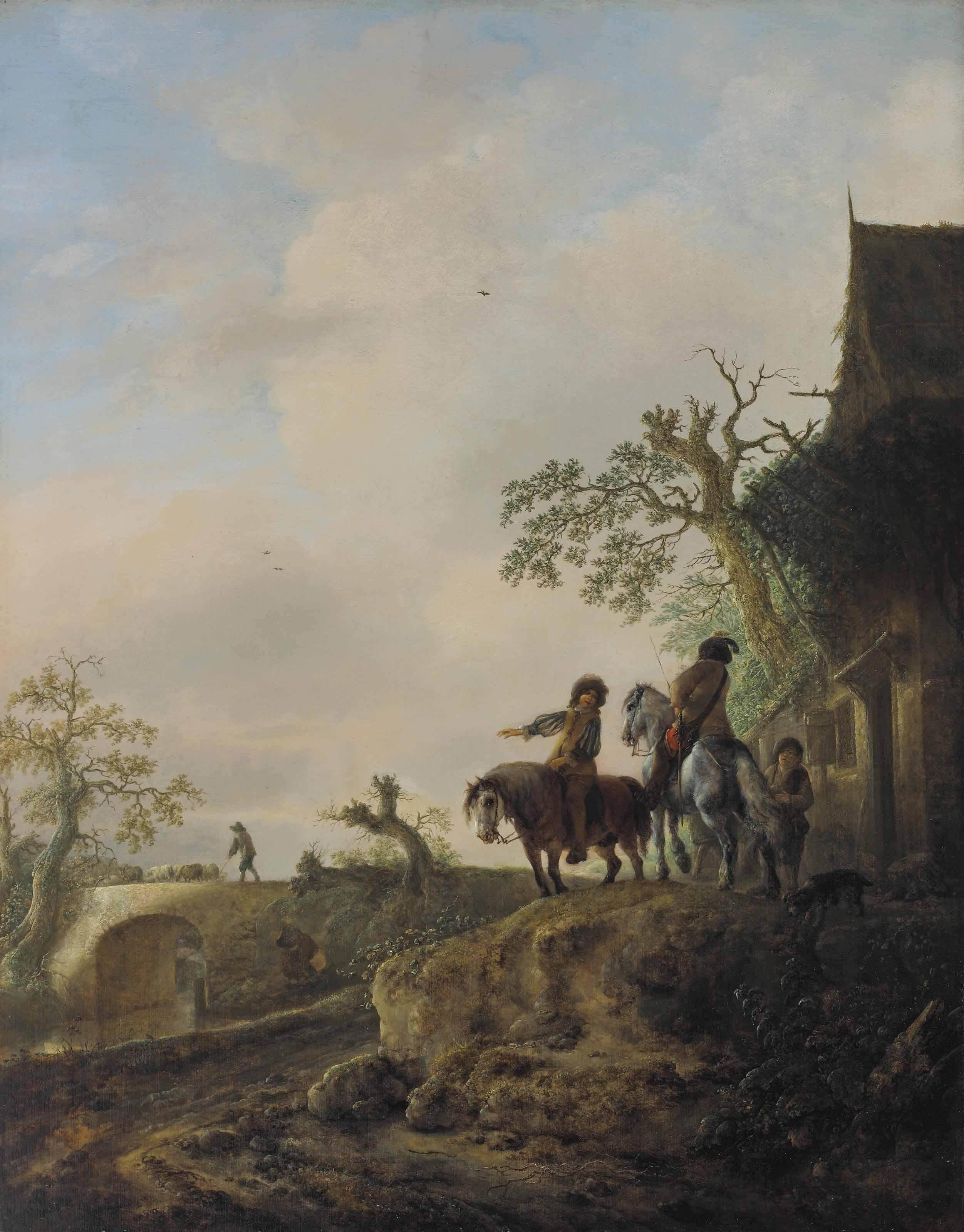 Isaac Van Ostade - Landscape with horsemen halting at an inn