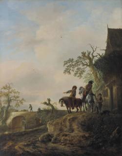 Isaac Van Ostade - Landscape with horsemen halting at an inn