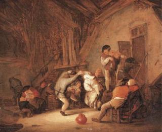 Isaac van Ostade - Peasants dancing and drinking in a tavern interior