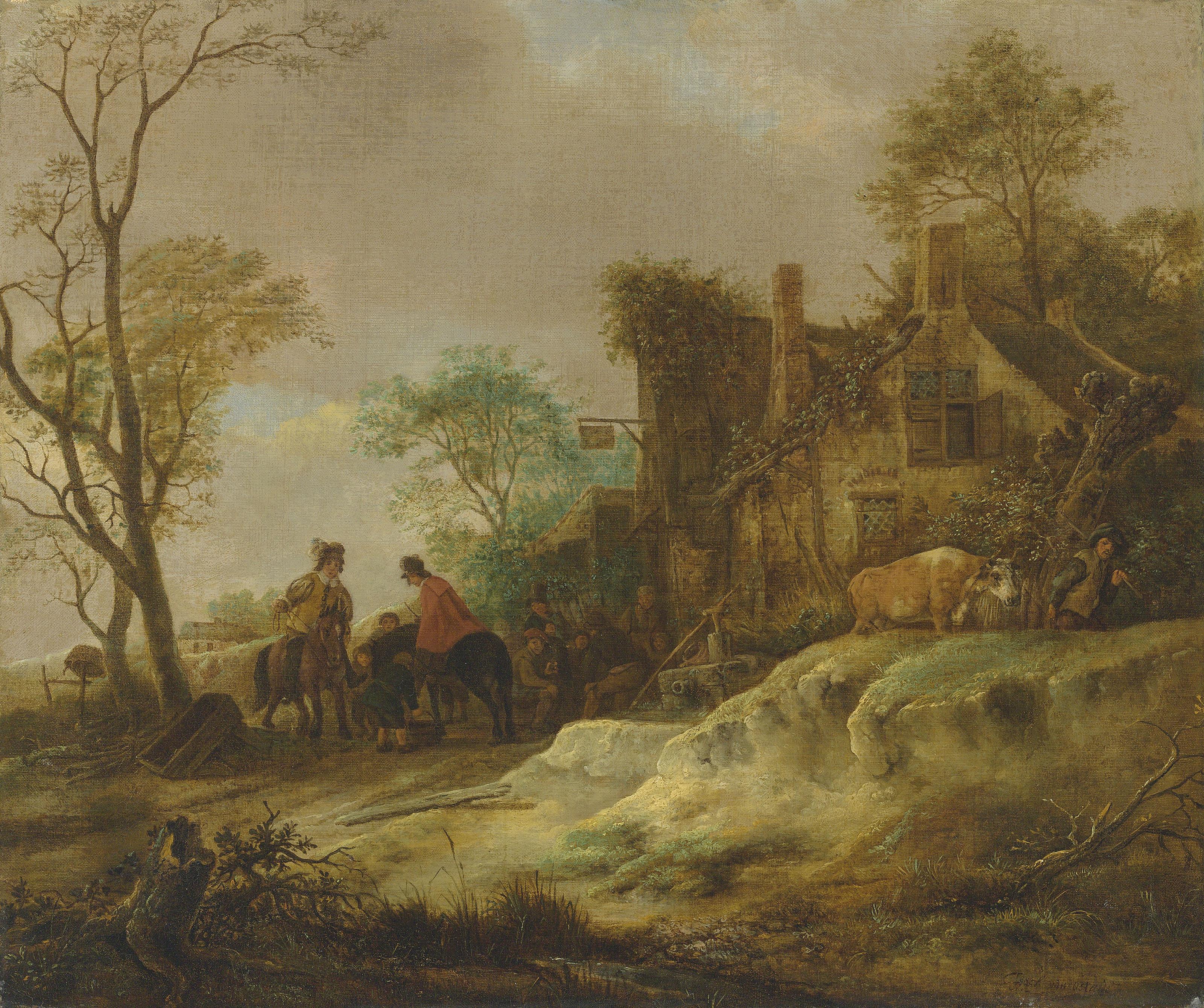 Isaac Van Ostade - Travellers and peasants resting outside an inn
