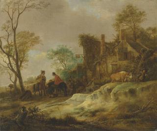 Isaac Van Ostade - Travellers and peasants resting outside an inn