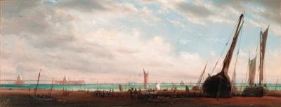 Isaac Walter Jenner - Fisherfolk on the shore at Brighton with the Chain Pier beyond