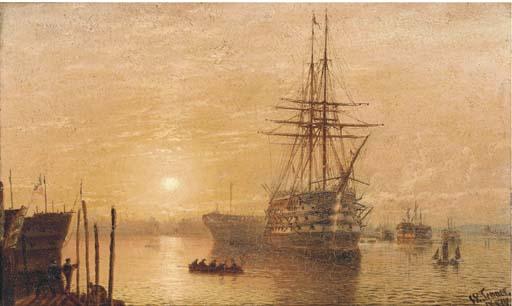 Isaac Walter Jenner - HMS Victory lying on her permanent mooring at Portsmouth at dusk