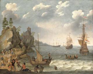 Isaac Willaerts - A coastal landscape with shipping and fishermen selling their catch, a fortified settlement on the cliffs beyond