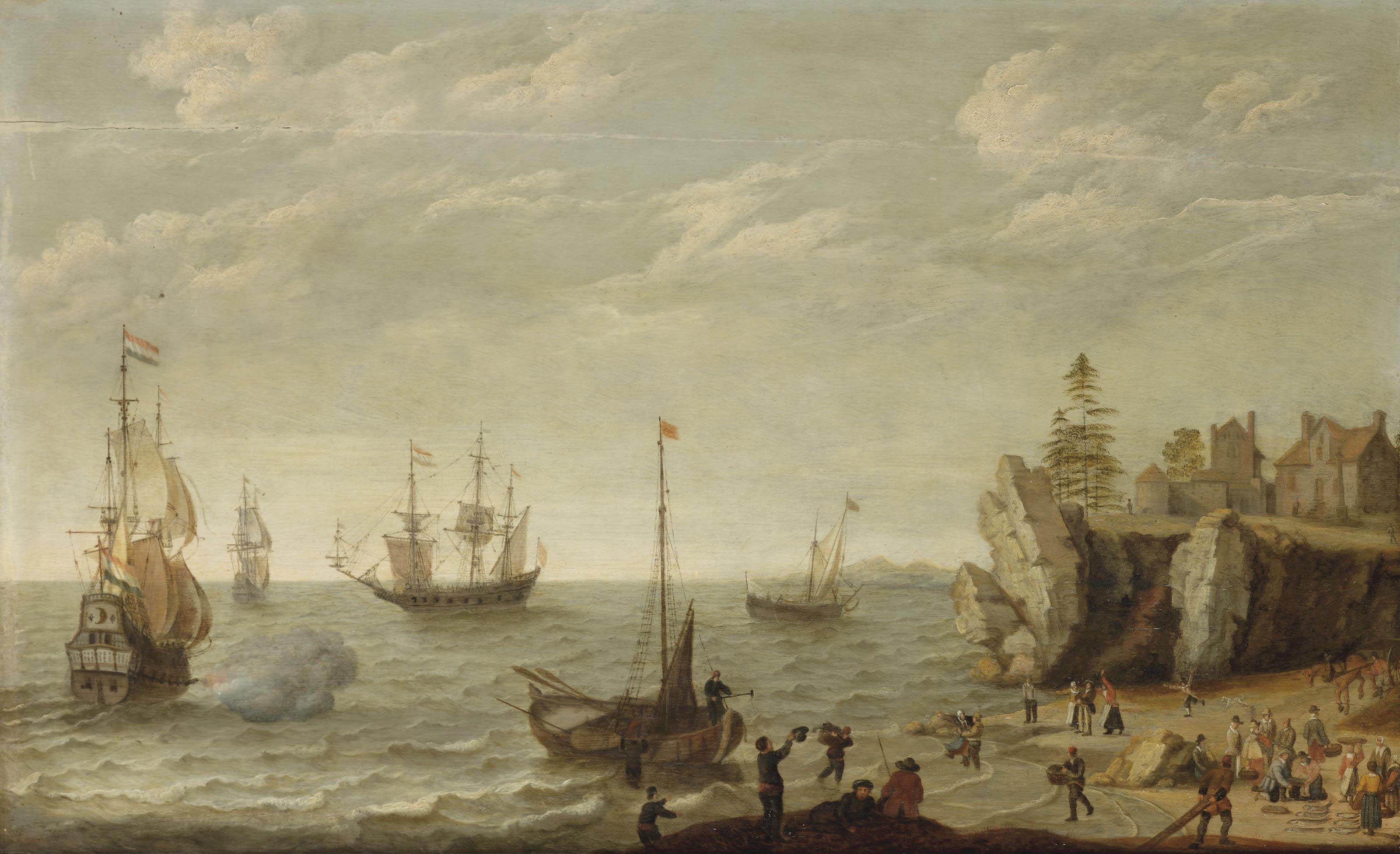 Isaac Willaerts - Dutch merchants at anchor in choppy waters off a rocky coast in a bay with fishermen unloading their catch