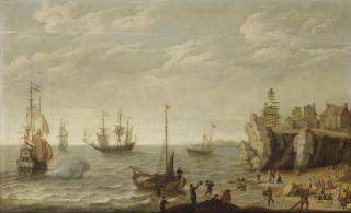 Isaac Willaerts - Dutch merchants at anchor in choppy waters off a rocky coast in a bay with fishermen unloading their catch