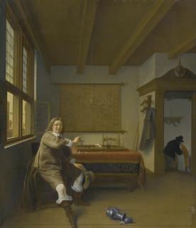 Isaack Koedijck - A Man In An Interior Holding A Glass, Two Servants Kissing In A Doorway Beyond