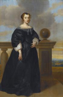 Isaack Luttichuys - A Portrait Of A Woman, Full Length, In A Black Dress, Standing Next To A Balustrade