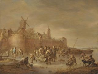 Isaack Van Ostade - A winter landscape with figures skating on a frozen river by a fortified town