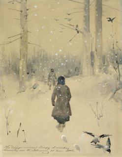 Isaak Levitan - Hunters trekking through a winter landscape
