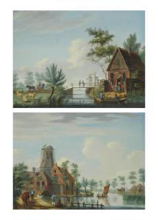 Isaak Ouwater - A river landscape with anglers on the shore and a windmill; and A river landscape with anglers in a boat and figures on a bridge