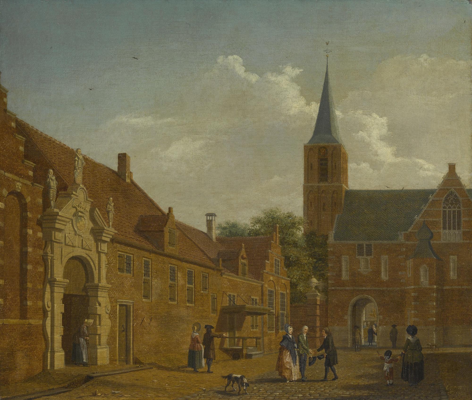 Isaak Ouwater - A Townscape With Figures Outside A Civic Guard House