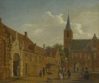 Isaak Ouwater - A Townscape With Figures Outside A Civic Guard House