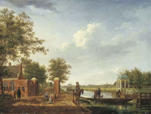 Isaak Ouwater - A view of Amsterdam from the \'t Spaarne canal in Slooterdijk with travellers on a towpath by the tollgate and a couple on a ferry