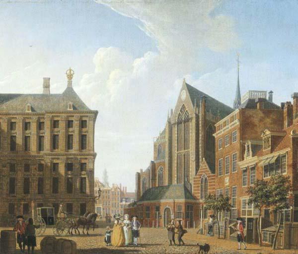 Isaak Ouwater - The Dam, Amsterdam, with the Town Hall on the left and the Nieuwe Kerk on the right