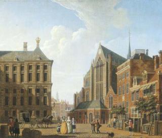 Isaak Ouwater - The Dam, Amsterdam, with the Town Hall on the left and the Nieuwe Kerk on the right