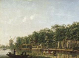 Isaak Ouwater - The river Vecht with gentry in a rowing boat, a country-house nearby, a windmill beyond