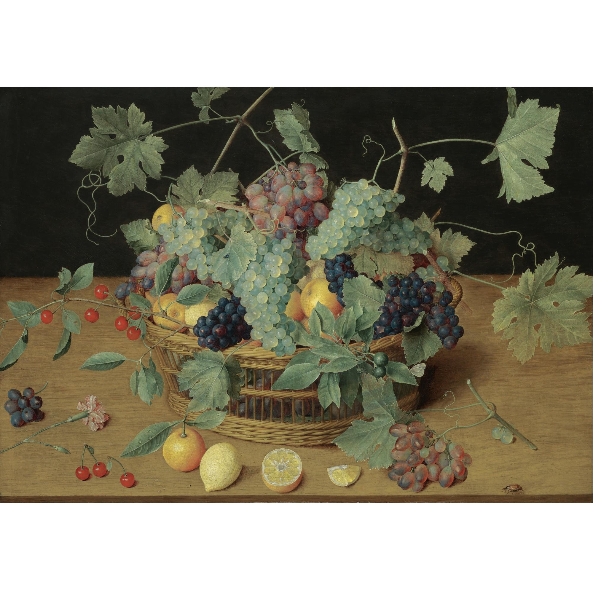 Isaak Soreau - A Still Life With Fruit In A Basket, Including Bunches Of Grapes And Lemons, Cherries And Oranges On The Wooden Table Beneath 