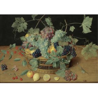Isaak Soreau - A Still Life With Fruit In A Basket, Including Bunches Of Grapes And Lemons, Cherries And Oranges On The Wooden Table Beneath 