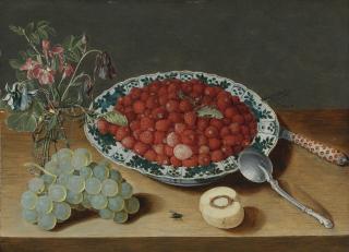 Isaak Soreau - A Still Life With Strawberries In A Wan-Li Porcelain Bowl, A Bunch Of Grapes, A Glass Vase With Columbines And Eglantine, A Silver Spoon, An Inlaid Knife And A Half Peach With A Fly And Dragon Fly On A Wooden Table Top