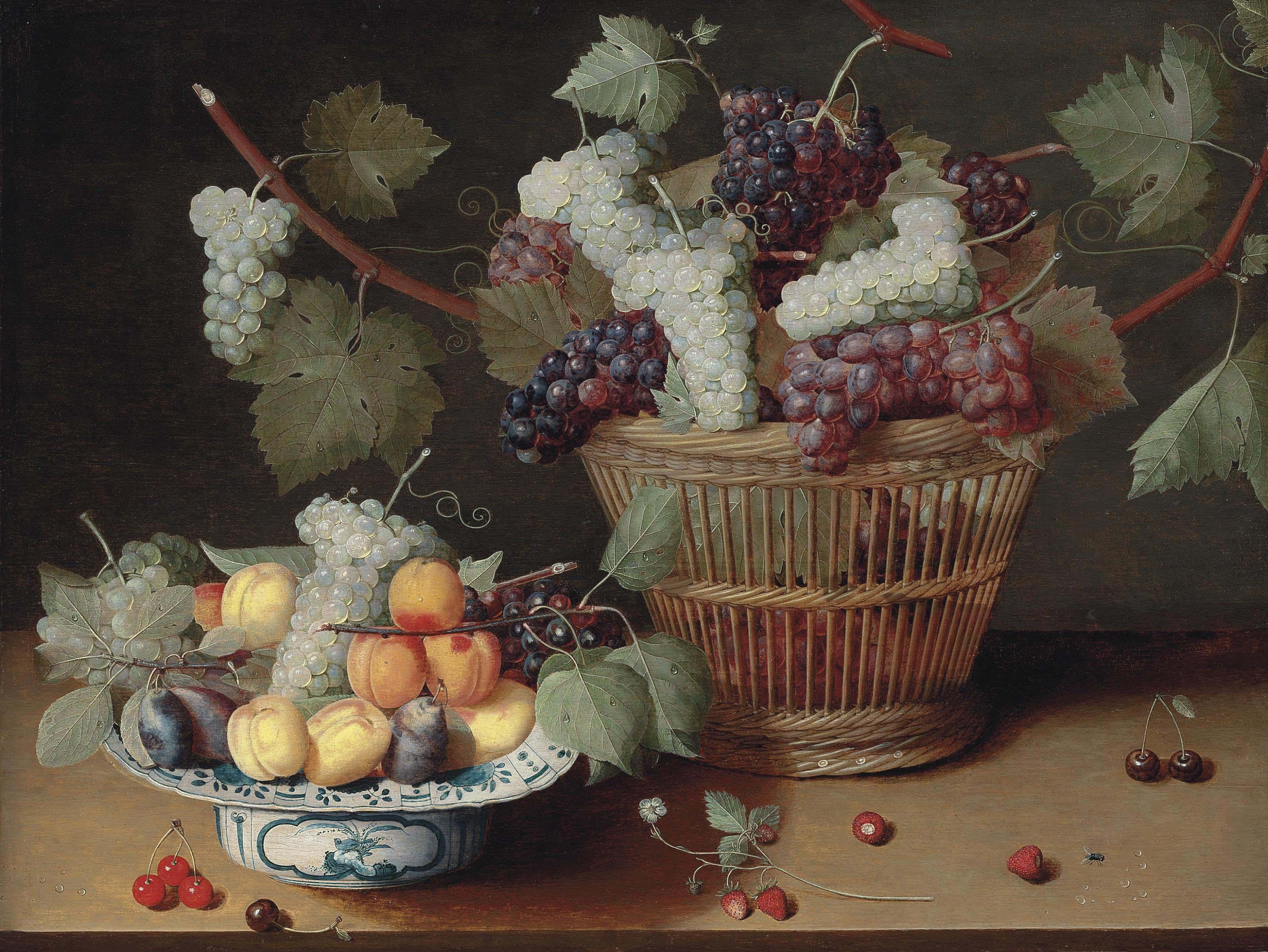 Isaak Soreau - Grapes, peaches and plums on a Delft platter and grapes in a woven basket, with strawberries, cherries and a fly on a stone ledge