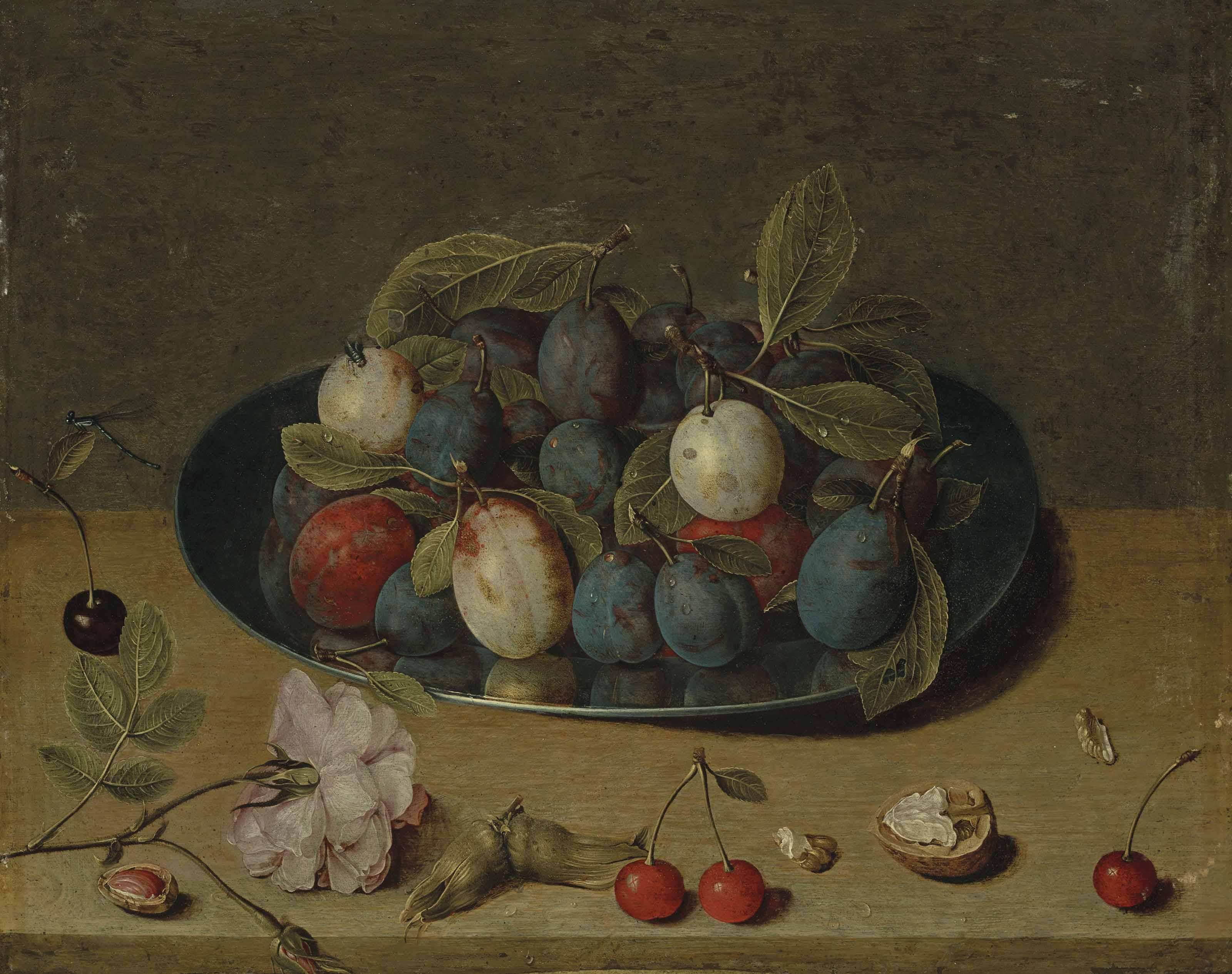 Isaak Soreau - Nature morte de prunes dans une coupe, cerises, noix et noisettes