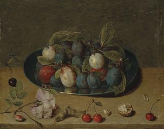 Isaak Soreau - Nature morte de prunes dans une coupe, cerises, noix et noisettes