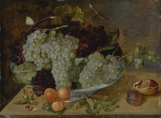 Isaak Soreau - Still Life Of Grapes, Peaches, And A Pomegranate On Stone Ledge