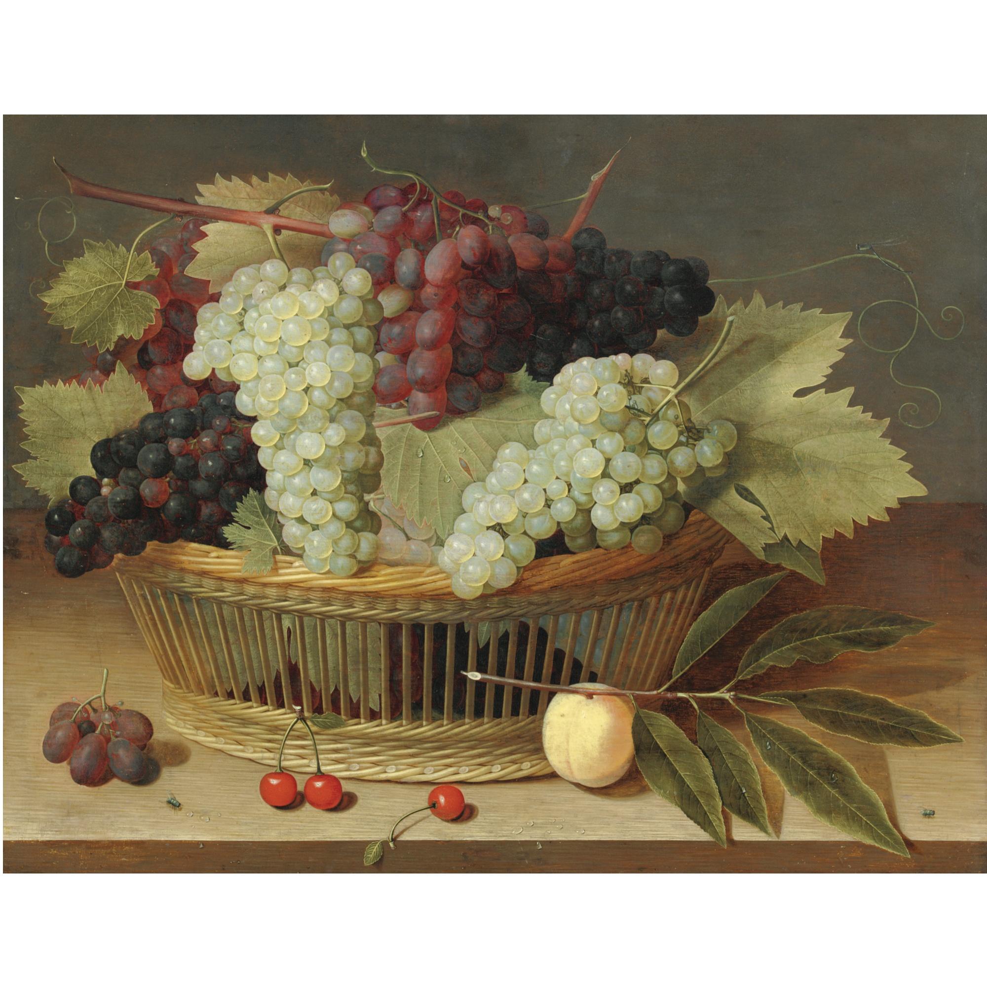Isaak Soreau - Still Life With Grapes On The Vine In A Basket, With Three Cherries On The Wooden Tabletop Below