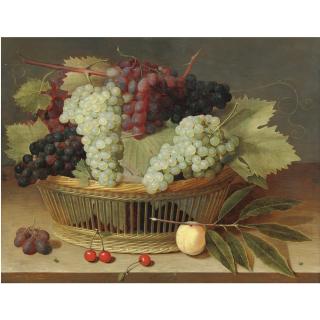 Isaak Soreau - Still Life With Grapes On The Vine In A Basket, With Three Cherries On The Wooden Tabletop Below