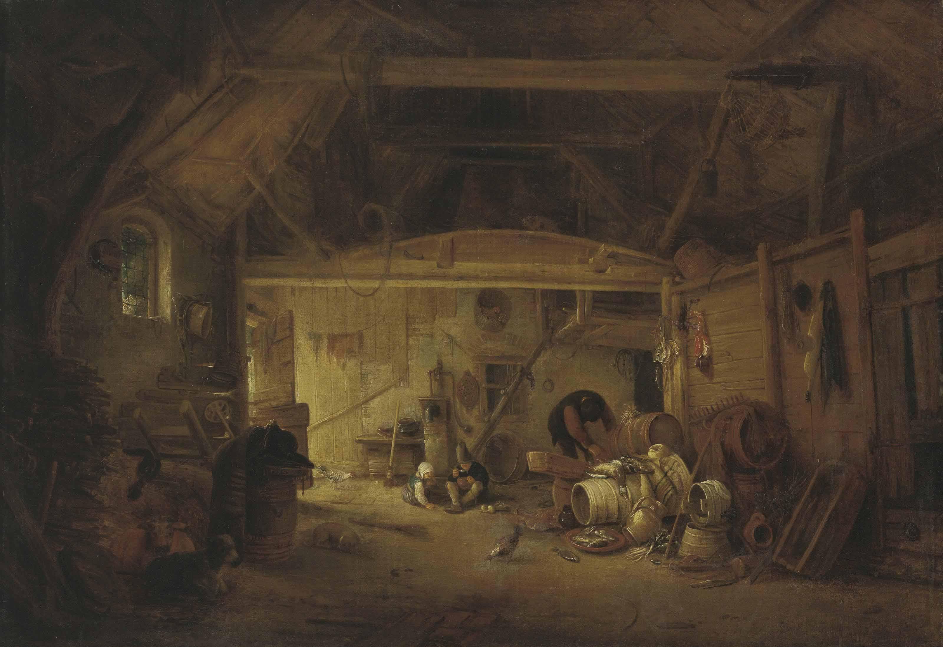 Isack Jansz. Van Ostade - A barn interior with two children eating and a man working