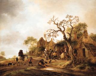 Isack Jansz. van Ostade - Peasants drinking outside a vine-laden inn, a horseman on a piebald and a boy carrying a brace of partridge approaching on a path