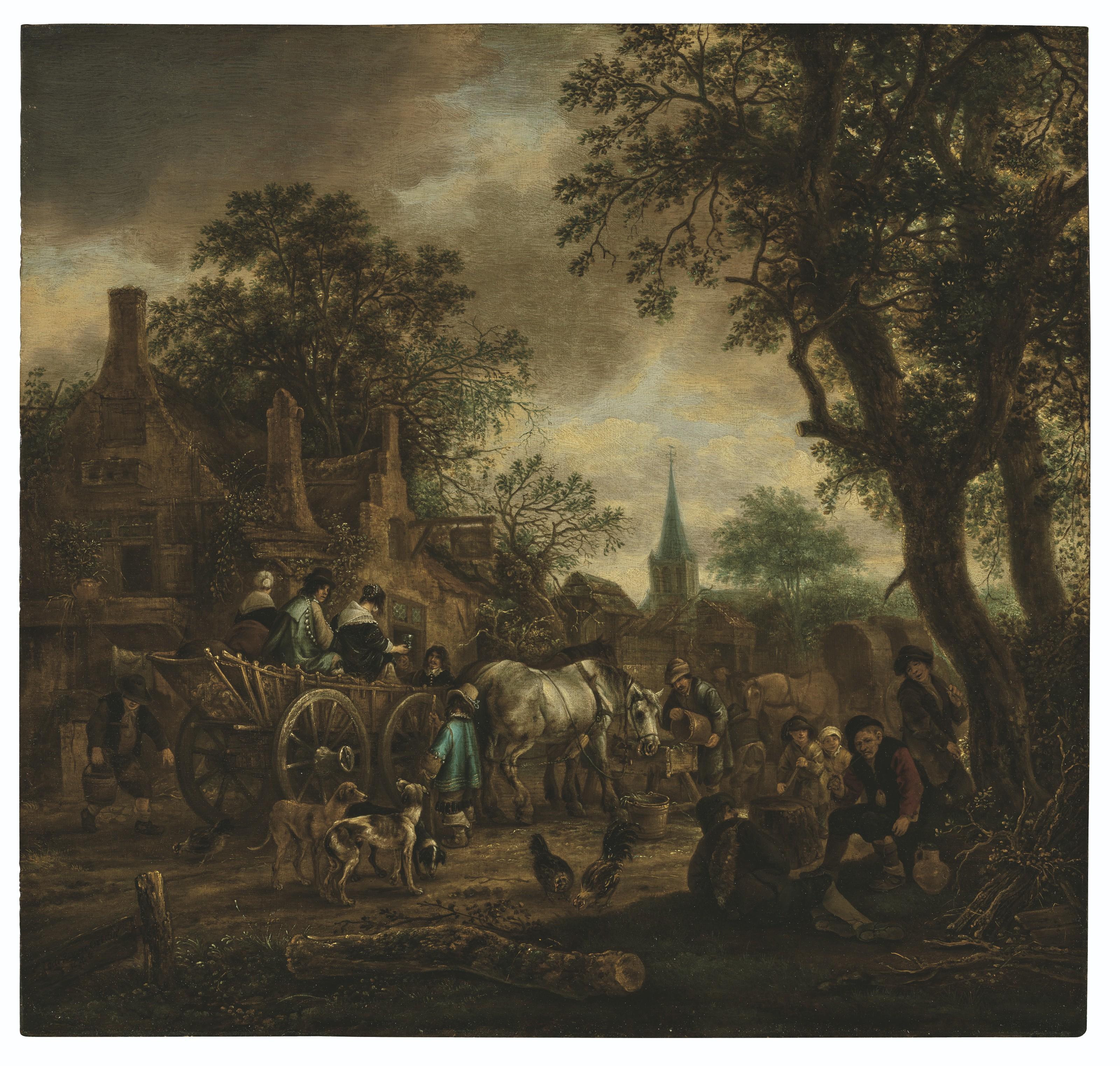 Isack Jansz. Van Ostade - Travellers in a wagon refreshing at a village inn, evening
