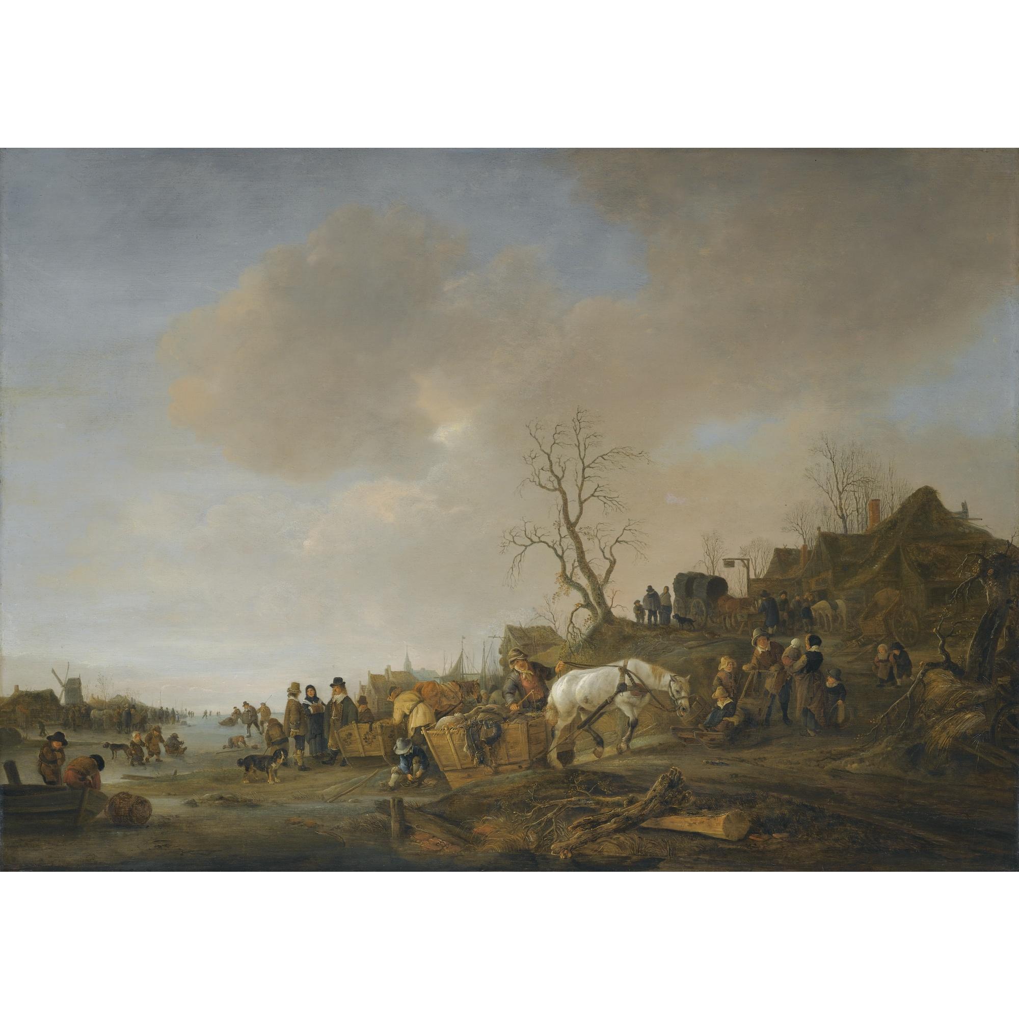 Isack Van Ostade - A Frozen River Landscape With A Waggoner Halted At An Inn And A Horse Pulling A Laden Sleigh Off The Ice In The Foreground