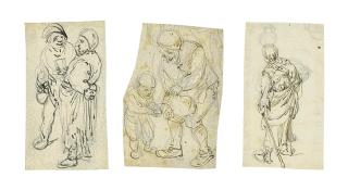 Isack van Ostade - A group of figure studies: Two peasants drinking; A traveller with a staff and a bundle on her back; Three peasants resting on a bench; A couple greeting an old woman; and A man helping a child to wash his hands