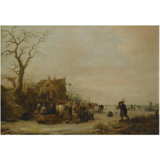 Isack van Ostade - A Winter Landscape With Peasants On A Frozen Lake Near An Inn, A Faggot Gatherer Nearby
