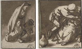 Isack van Ostade - A woman holding the hand of a young child; and A drunken man embracing a seated woman