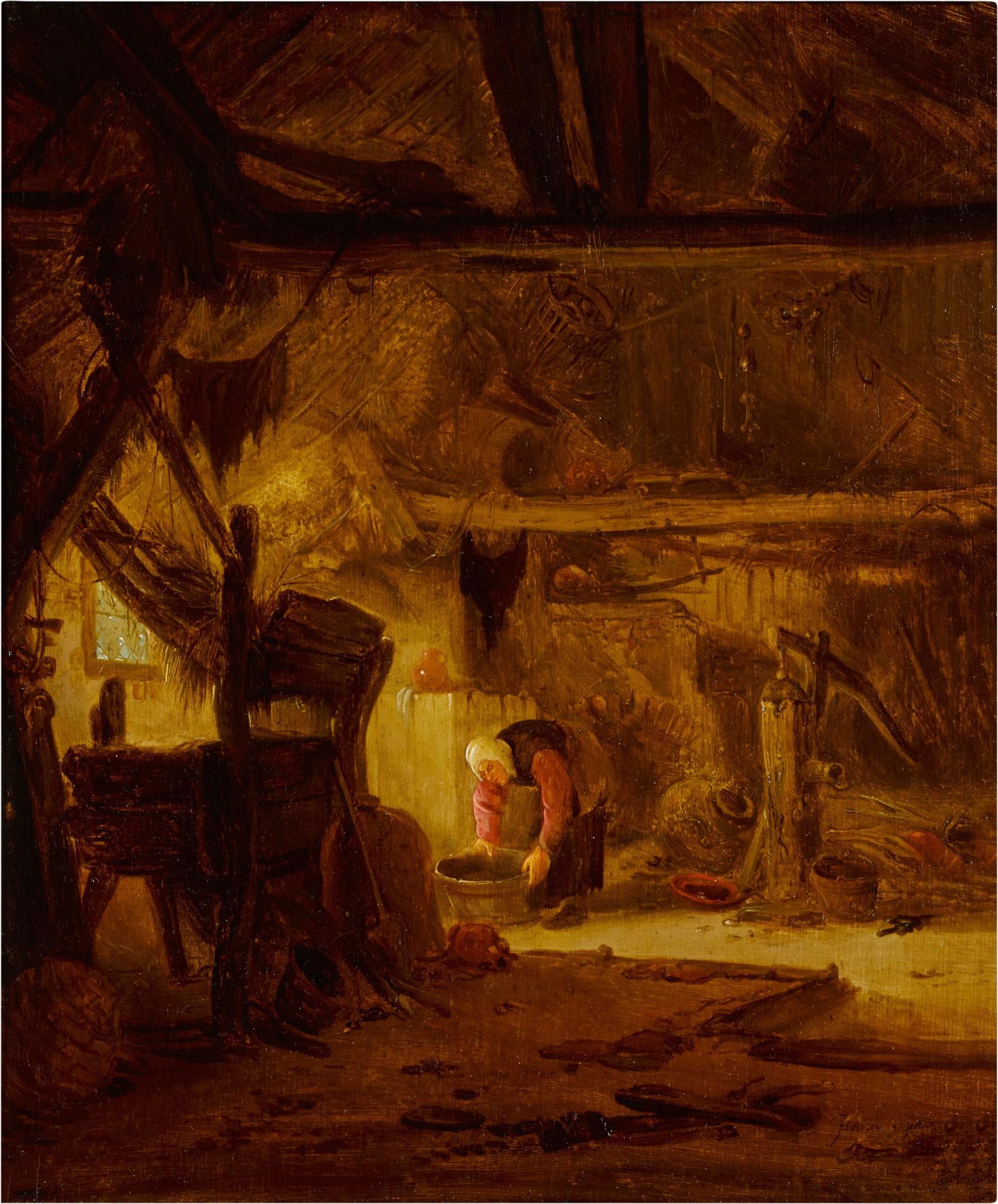 Isack van Ostade - An interior of a barn with a peasant woman