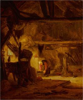 Isack van Ostade - An interior of a barn with a peasant woman