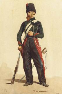 Isidore-Alexandre-Augustin Pils - Un chasseur s\'appuyant sur un fusil regardant vers la gauche