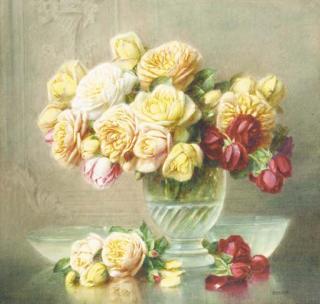 Isidore Rosenstock - Roses in a glass bowl on a ledge