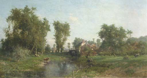 Isidore Verheyden - Summer landscape with cows grazing by a watermill