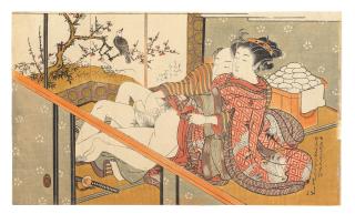 Isoda Koryusai - a couple making love in front of a mochi (rice cake) stand