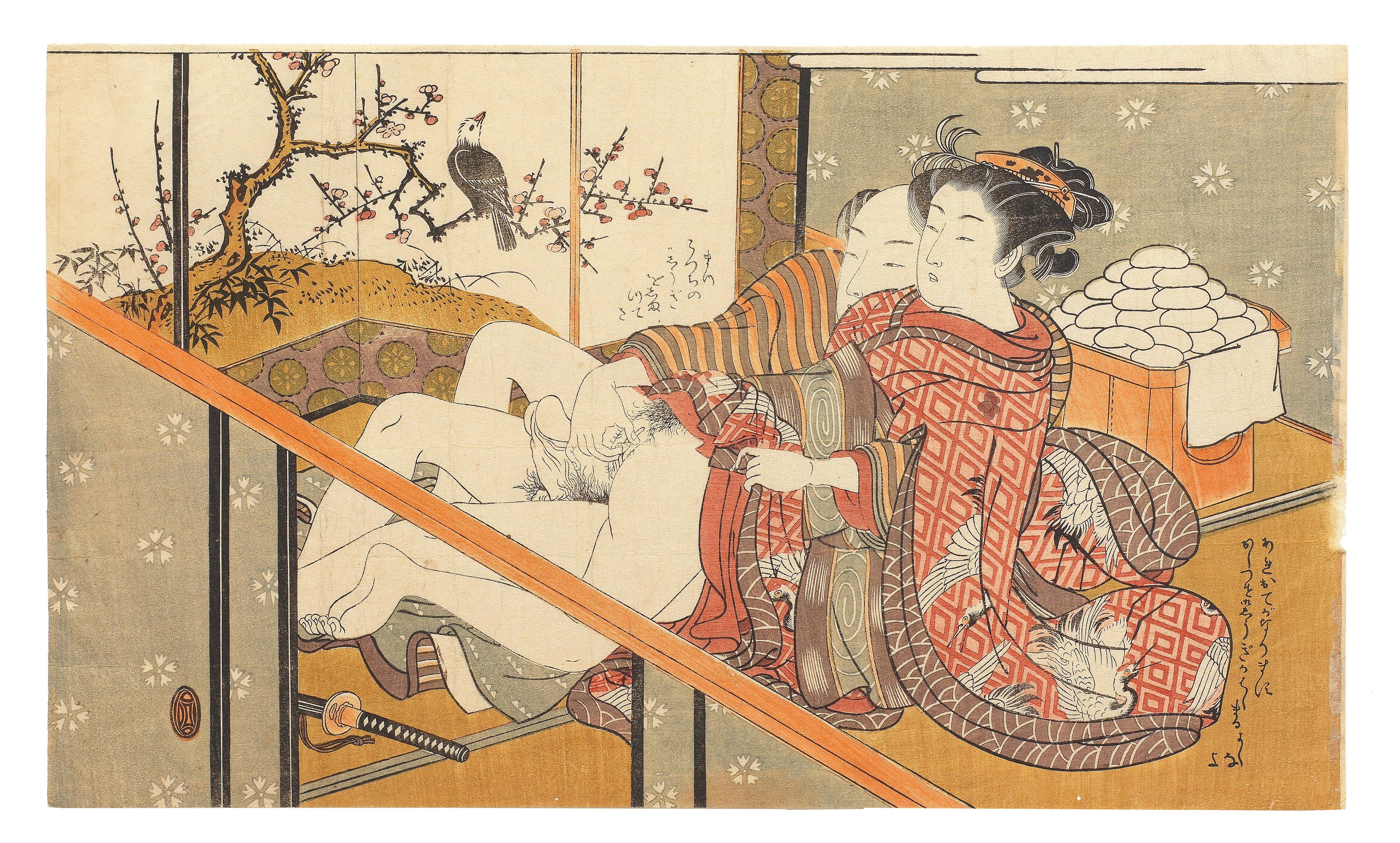 Isoda Koryusai - A couple making love in front of a mochi (rice cake) stand