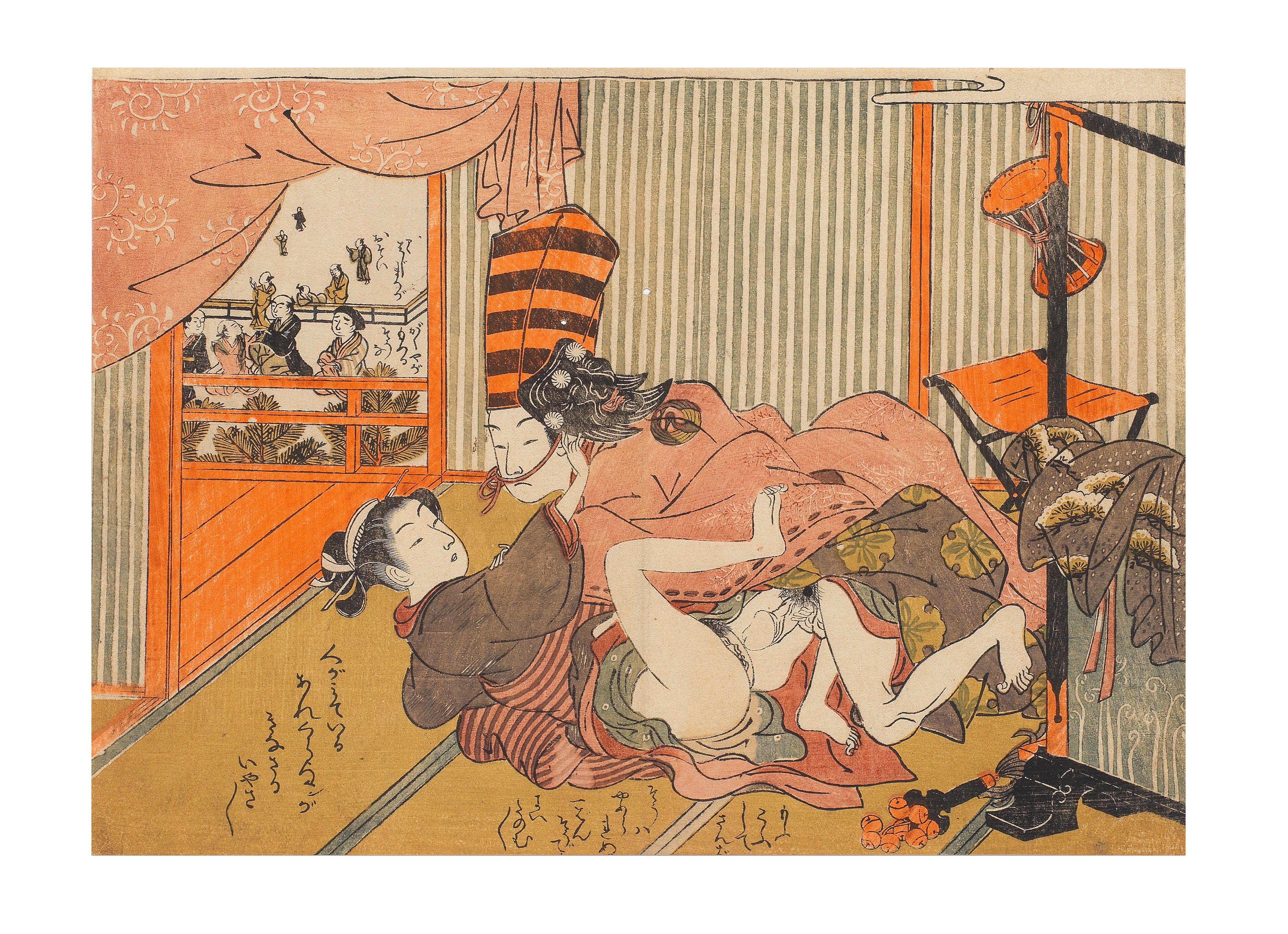 Isoda Koryusai - a man dressed as a sanbaso dancer making love to a woman in the backstage area of a Noh theatre