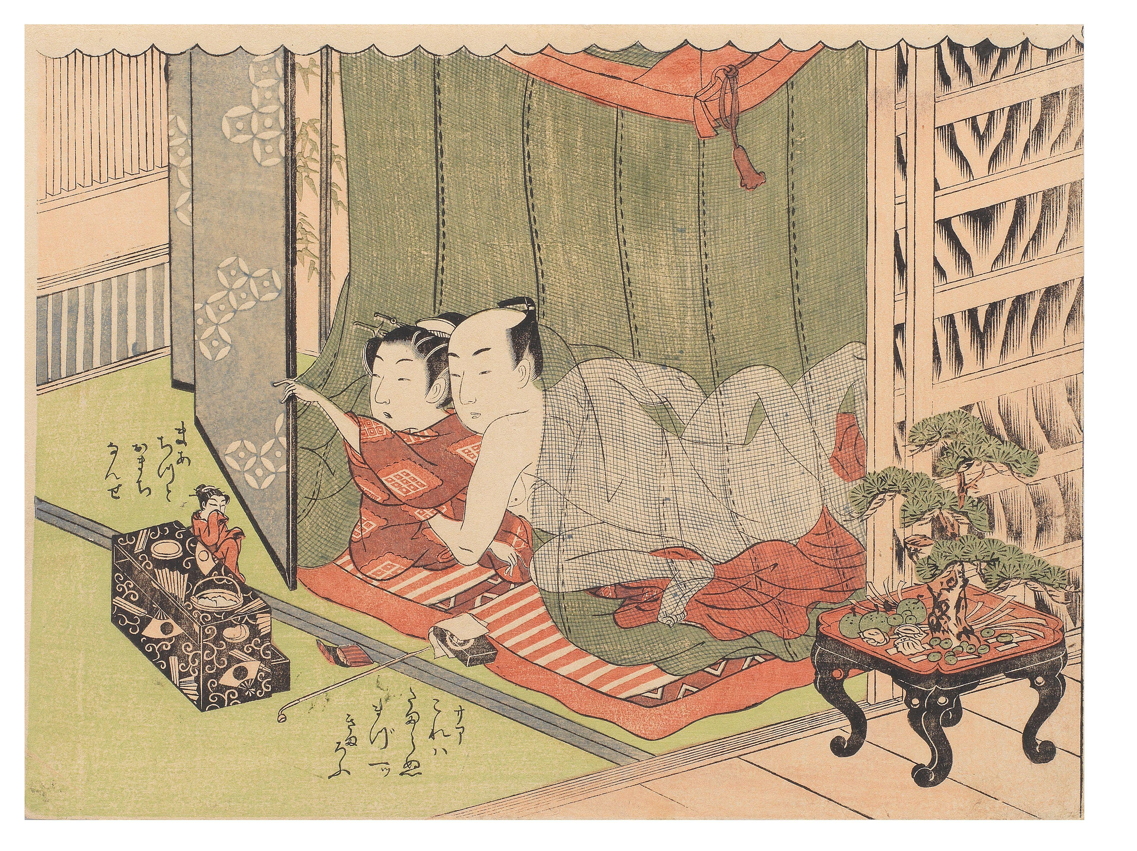 Isoda Koryusai - A miniature woman watching a couple making love inside a mosquito net