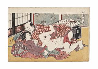 Isoda Koryusai - A shunga design from the series Shikido torikumi juniban [Twelve Bouts in the Way of Love], depicting an amorous couple in an elegant interior, 1777