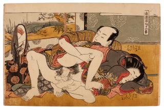 Isoda Koryusai - An amorous couple before a mirror