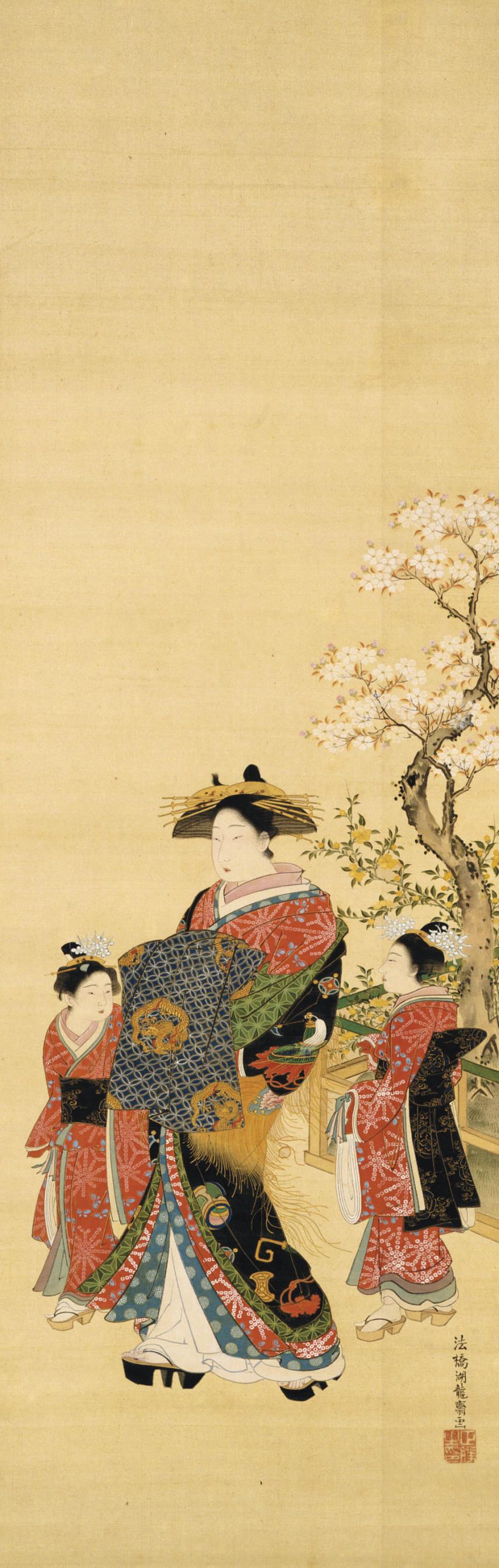 Isoda Koryusai - Courtesan promenading with attendants beneath cherry blossoms, c. 1770s