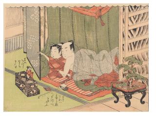Isoda Koryusai - the miniature woman watching a couple making love inside a mosquito net